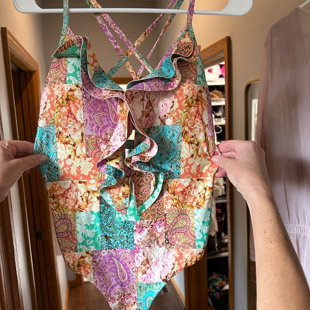 Floral Patchwork Ruffle One-Piece Swimsuit